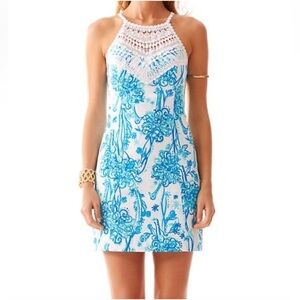 Lilly Pulitzer Pearl Dress Lace Crochet Halter Neck Shift Resort White Blue Sz 8